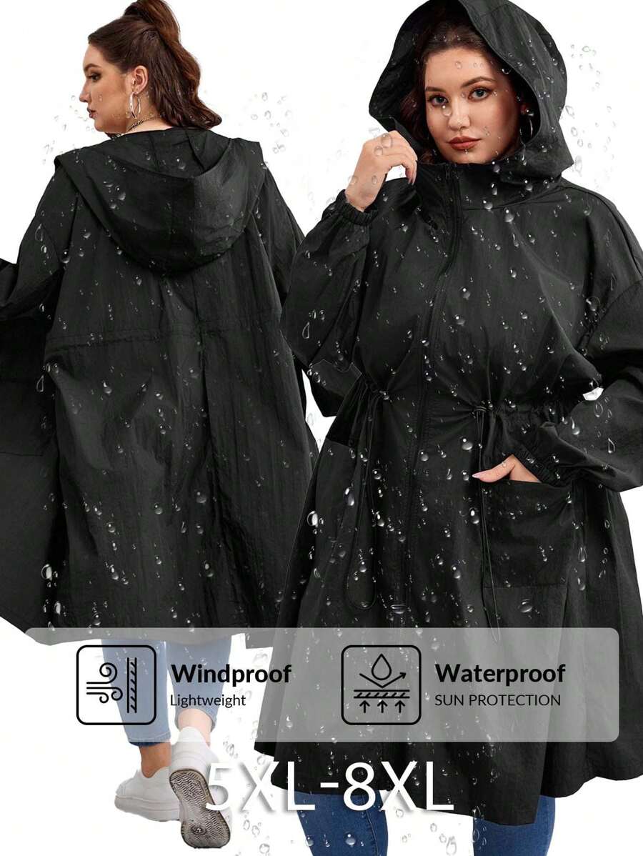 SHEIN CURVE+ Curves Plus Size/Chool Clothes/Back To School Clothes /Back To SchoolPlus Size Women Black Gathered Waist Long Trench Coat, Autumn/Winter Fall