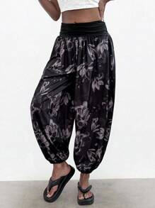 EMERY ROSE 女性植物印花彈性腰部褶皺腳踝褲