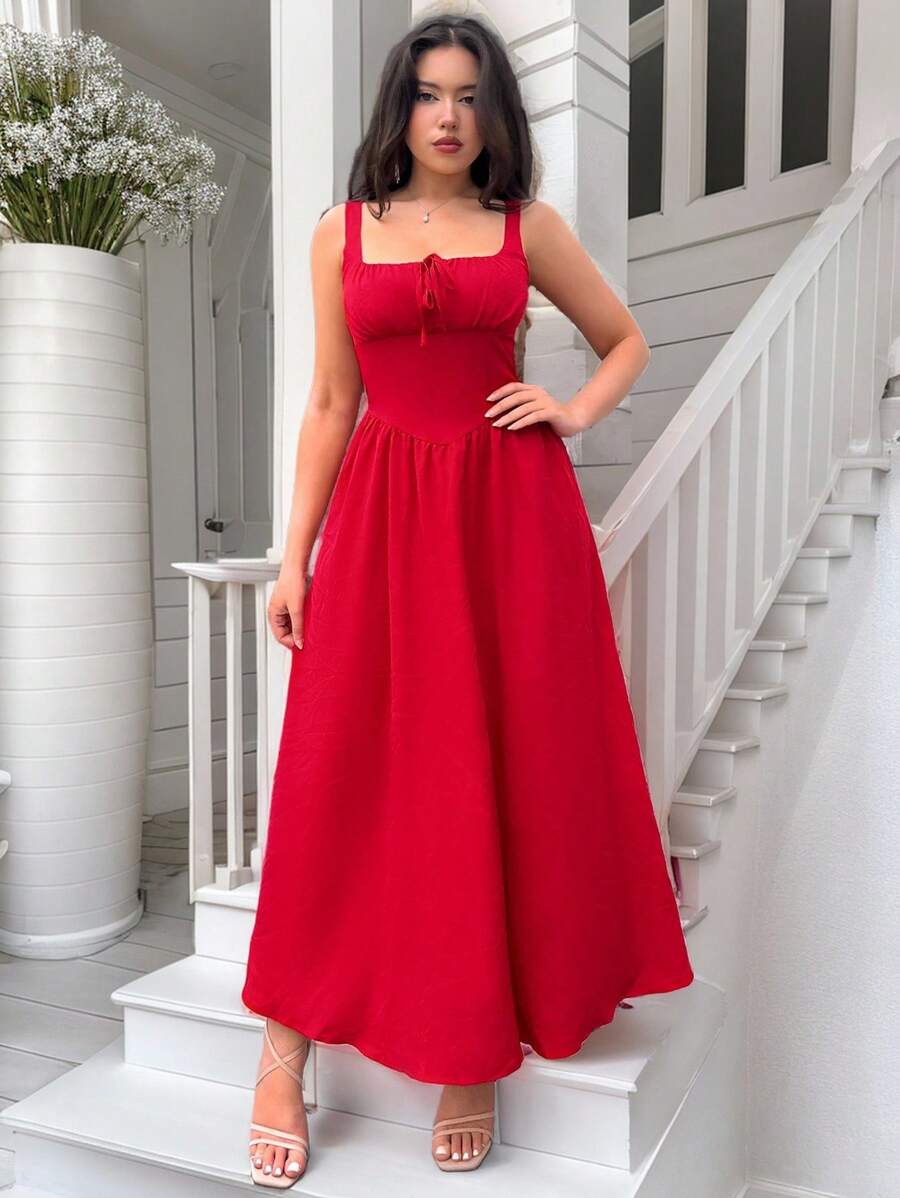 Firerie Romantisches rotes langes Kleid mit quadratischem Ausschnitt für Damen