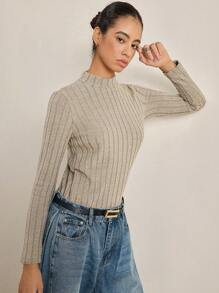 Airaco Fleeced Slim Fit Solid Color Rib Knit Stand Collar Long Sleeve T-Shirt For Women Fall Cloth For Women - Khaki - View 5