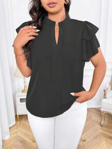 EMERY ROSE Plus Size Elegant Commuter Solid Color Ruffle Hem Blouse, Summer - Dark Grey - View 3