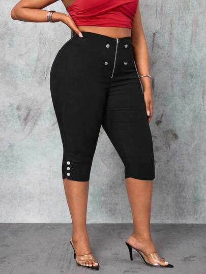Slaydiva Plus Size Women's Black Elastic Fashionable Skinny Capri Pants