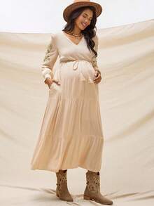 Boho Mama Autumn And Winter BOHO  Maternity Floral Print Strap Dress, Elegant For Vacation Summer Outfits Elegant Maternity Baby Shower Dress Fairycore