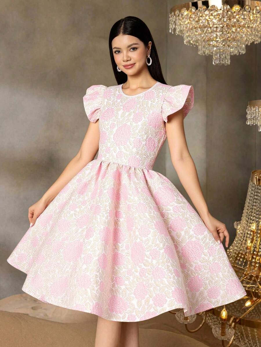 Tween Girl Floral Jacquard Ruffle Trim Dress, Party Wear - Pink - View 1