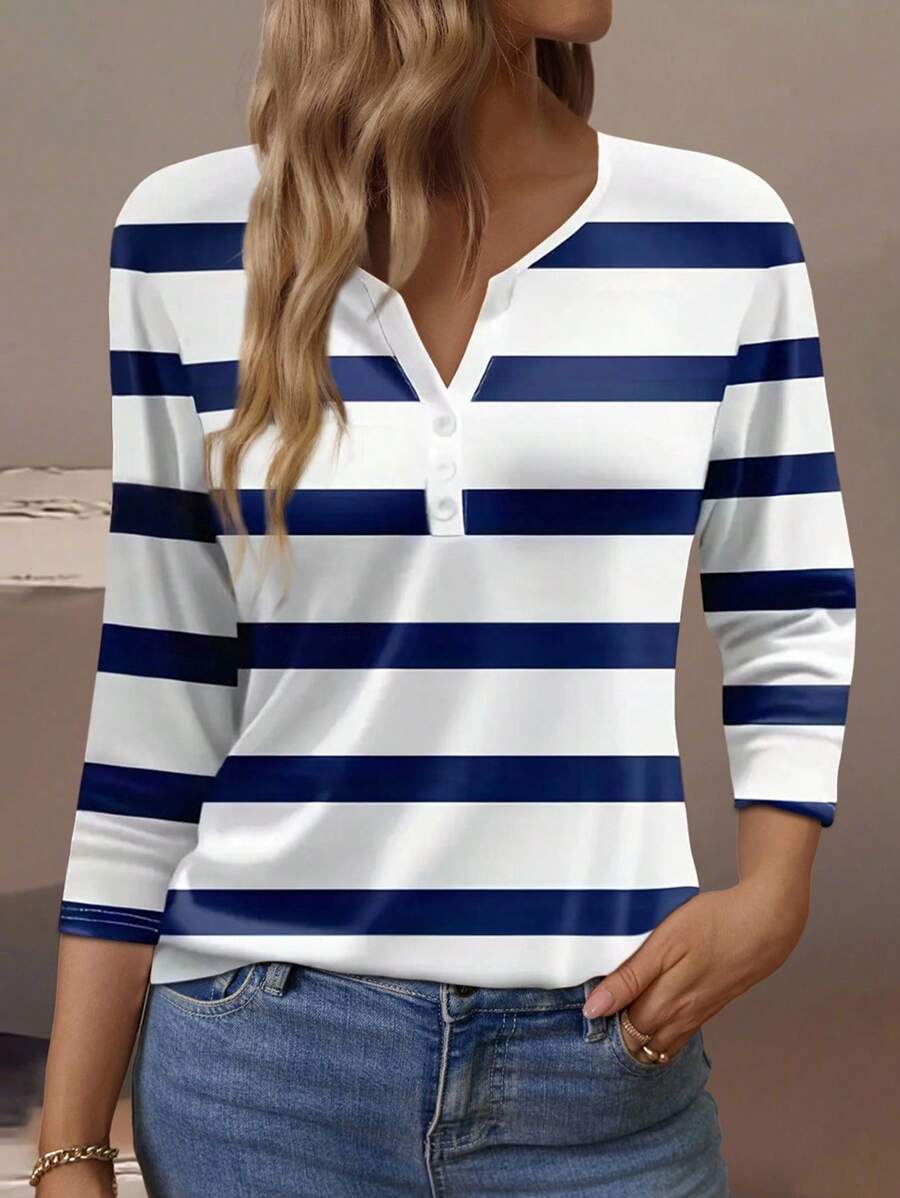 EMERY ROSE Women's V-Neck Striped Button Long Sleeve T-Shirt Fall Cloth For Women