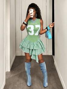 BamGleam Váy thể thao mini ôm vừa vặn họa tiết kẻ caro cổ chữ V họa tiết bóng đá dành cho nữ mùa hè - Nhiều màu - Xem 5