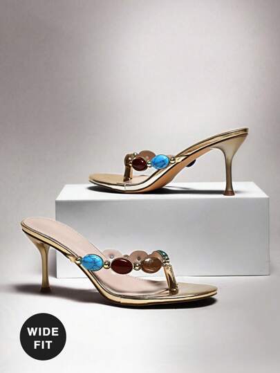 SHUZIA 女士宽版宝石装饰细高跟日常复古性感沙滩优雅 PU 金色高跟凉鞋