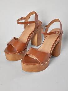 SHUZIA Chunky Platform Open Toe Block Heels Summer Shoes Spring Shoes Spring Break Easter Wedding Shoes For Christmas - Brown - View 5