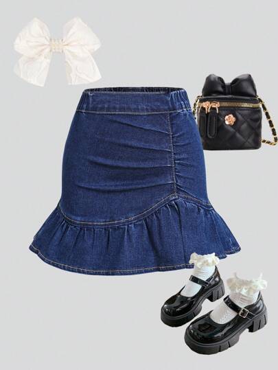 Young Girl' High Waist Elastic Waist Fitted Stylish Patchwork Ruffle Hem Mermaid Hem Stretchy Denim Snug Fit Mini Skirt, Summer