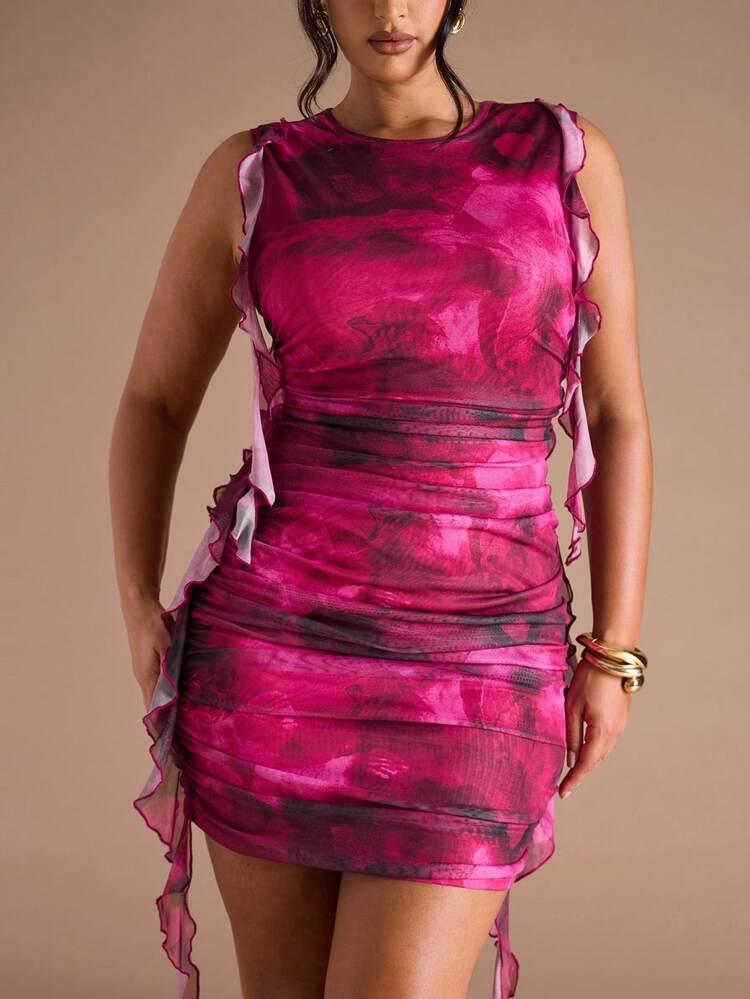 SHEIN BAE Vestido mini con estampado floral de malla, volantes y cintura con lazo para mujer de talla grande - Negro - Añade 6