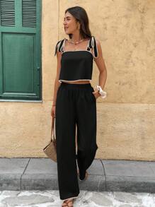 Serisse Women's Camisole Top And Pocket Pants Casual 2 Pieces Set Black Summer Casual Black - Black - View 2