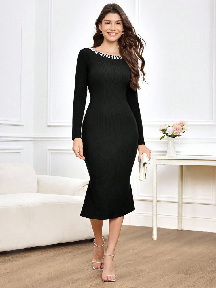 Fall/Winter Off Shoulder Beaded Long Sleeve Fitted Elegant Knit Midi Dress, Black With Side Slit,Fall Women Clothes,Date Night Dress,Wedding Guest Dress Elegant ,Basic Dress,Glamour Dress,Delicate Romance,Party Dress,Lack Dress