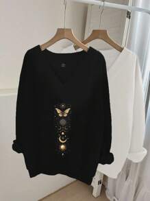 SHEIN LUNE 2 件女士休闲简约风格金色星星、太阳、月亮图案 V 领羊毛运动衫，适合秋冬季