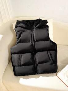 SHEIN 青少年女孩休闲舒适时尚合身短款连帽口袋绗缝黑色背心夹克 - 黑色 - 查看 5