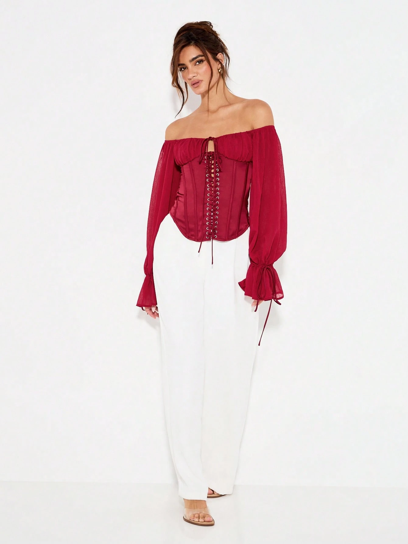 KIZN Top corsetto con spalle scoperte e lacci e maniche a palloncino