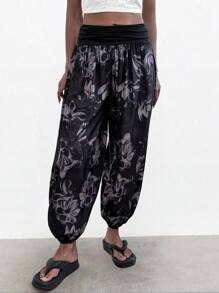 EMERY ROSE 女性植物印花彈性腰部褶皺腳踝褲