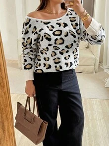 Vionelle Plus Size Women's French Style Loose Fit Leopard Print Pullover Sweater, Fashion Versatile Casual & Work Wear Leopard Print Top Leopard Print Sweater Animal Print Top Tie Back Top Open Back Top Fall Winter Cloth For Women Autumn - Multicolor - View 7