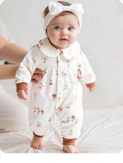 SHEIN 新生女宝宝可爱碎花针织休闲连体衣，婴儿碎花连体衣，新生女宝宝连体衣，带领婴儿连体衣，碎花婴儿服装，天然婴儿服装，新生儿秋冬季服装