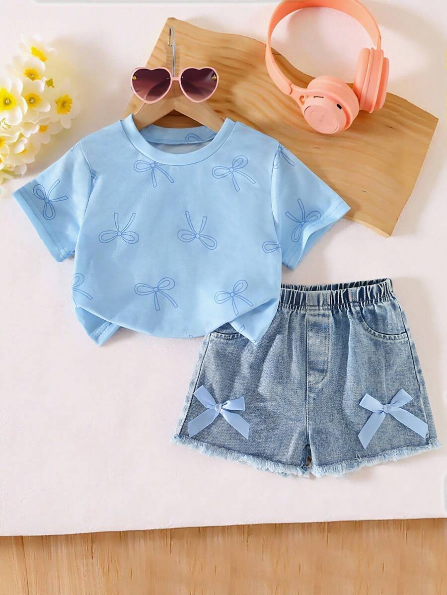 Girls Casual Sweet Daily Round Neck Short Sleeve Cropped Bow Print T-Shirt And Elastic Waist Bow Denim Shorts Set Little Girl Denim Shorts Set Toddler Girl Bow Denim Set Little Girl Denim Set Summer Two Piece Set For Kids Kid Two Piece Set With Bows Girls Jean Shorts Set Blue Kid Sets Summer Holiday
