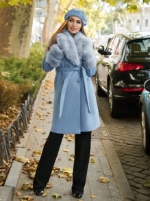 Anewsta 女式人造毛领加厚保暖束带羊毛大衣 - 藍白色 - 查看 4