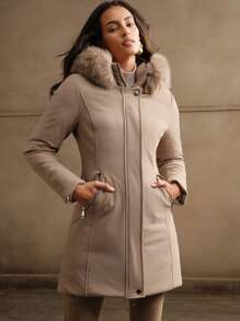 Anewsta Women's Waist Drawstring Hooded Jacket, Mid-Length - Khaki - View 1