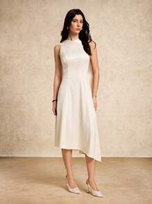 House of One Sleeveless Asymmetrical Cape Scarf Satin Dress Women Elegant Casual Summer Autumn White Midi Dress White Satin Dress White Dress For Women