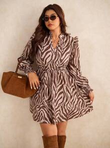 Elaquor 大码女式斑马纹V领长袖时尚连衣裙 - 彩色 - 查看 7