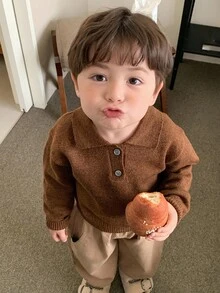 DAZY Toddler Boys' Casual Solid Color Turndown Collar Long Sleeve Sweater, Spring/Autumn - Coffee Brown - View 12