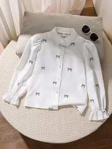 SHEIN 女童蝴蝶印花衬衫，白色底色，休闲百搭 - 白色 - 查看 3