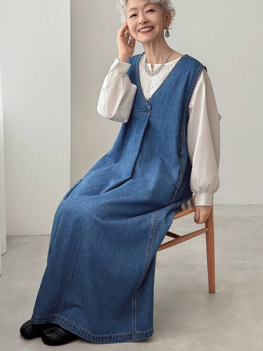 FRIFUL 女式V领口袋无袖宽松休闲牛仔连衣裙 - 藍色 - 查看 1