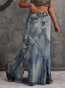 Jeanoix Chân váy Maxi denim cỡ lớn có túi tiện dụng dành cho nữ - Màu xanh lam - Xem 7