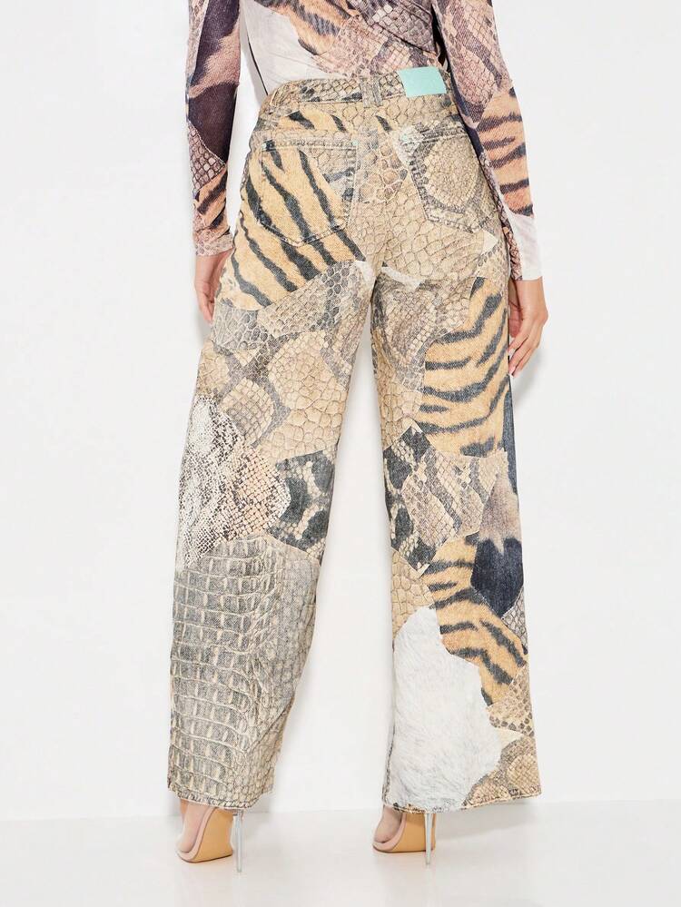 KIZN Mixed Animal Print Patchwork Wide Leg Jeans