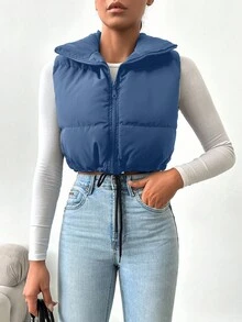 RueChic Drawstring Hem Zipper Vest Puffer Coat - Navy Blue - View 3