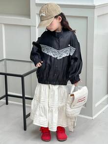 Dazy Kids 年轻女孩落肩长袖蕾丝拼布休闲单排扣时尚夹克 - 黑色 - 查看 2