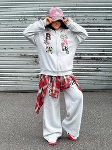 SHEIN Explorewe 青少年女孩宽松图案印花拉链连帽衫和阔腿运动裤街头风格运动服套装，适合春秋冬季穿着 - 淺灰色 - 查看 4