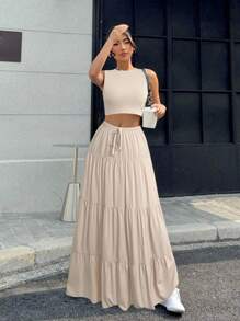 SHEIN EZwear 女式纯色短款背心和荷叶边下摆中长裙休闲两件套，夏季 - 卡其色 - 查看 1