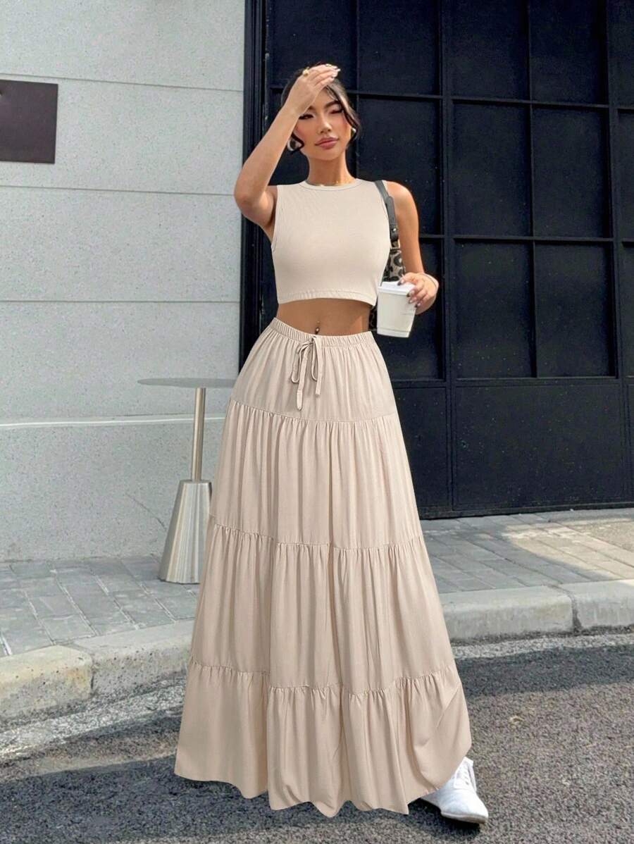 SHEIN EZwear 女式纯色短款背心和荷叶边下摆中长裙休闲两件套，夏季 - 卡其色 - 查看 1