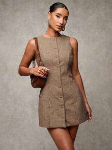 SHEIN x Lina SHEIN BAE Vestido casual corto de lana a cuadros cómodo para mujer con cuello redondo, sin mangas y con botones delanteros, adecuado para la oficina, formal y uso diario en otoño e invierno - Marrón - Ver 6