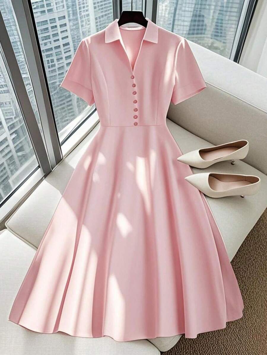 SHEIN LUNE 女士优雅领口小V装饰纽扣A字腰短袖连衣裙 - 粉色 - 查看 1