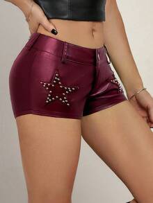 SHEIN ICON Y2K 女式黑色星星铆钉 PU 皮革性感俱乐部超短裤 - 酒紅色 - 查看 5