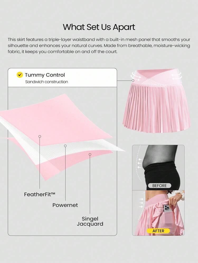 Let's Play Sweat-Wicking Stretchy Mid-Rise Crossover Waist Pleated Tennis Skirt With Built-In Shorts Side Pockets Tennis Golf Daily