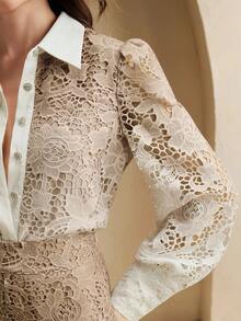 Anewsta 2 件优雅女士套装：蕾丝渐变印花长袖衬衫和水钻装饰喇叭裤 - 摩卡棕 - 查看 5