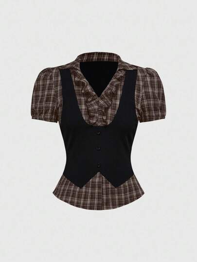 Vintage Gothic College Style Plaid Patchwork 2 In 1 Women Shirt Top