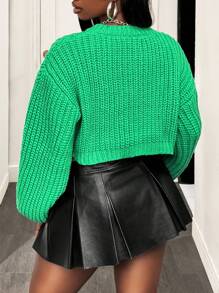 BamGleam Damen Rundhals Einreiher Drop-Shoulder Langarm Lässige Lose Strickjacke - Grün - Übersicht 2