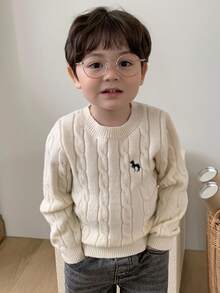Hapijoa Áo len dệt kim xoắn cổ tròn thêu họa tiết hoạt hình cho bé trai màu trơn thu đông - Màu be - Xem 5