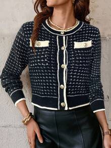 SHEIN Clasi Cárdigan de punto ajustado con cuello redondo, manga larga y botones de mujer con contraste de color para otoño/invierno - Negro - Ver 5