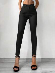 SHEIN Cottnline Jeans Entallados De Talle Alto - Negro - Ver 5