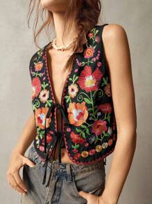 Bohemela 女式度假花卉刺绣无袖前系带衬衫