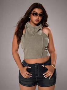 Flirla Casual Fashion Backless Tie-Up Hooded Sleeveless Plus Size Denim Jacket - Army Green - View 7