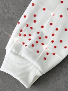 Manfinity EMRG 男士街头风INS风自由女神像“FREE”红色水钻装饰休闲保暖连帽衫，男友/老公礼物，周年纪念礼物，白色拉链连帽衫，红色水钻设计，水钻连帽衫，秋冬款 - 白色 - 查看 4